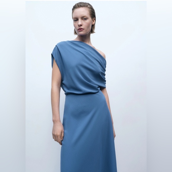 Mango Asymmetrical one shoulder Blue Dress - Picture 4 of 11